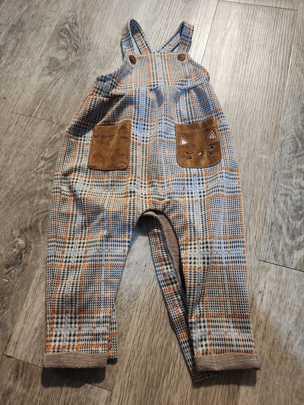 Infant Plaid Overalls with Cat Pocket - Blue & Brown